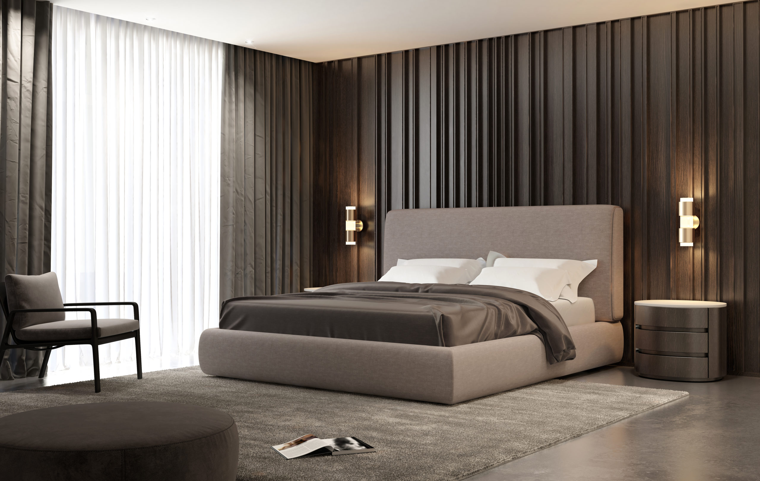 Title: Contemporary luxury modern beige bedroom with stool and a modern carpet